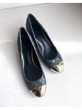Tory Burch Quilted Navy Blue Block Heel Loafers 8.5